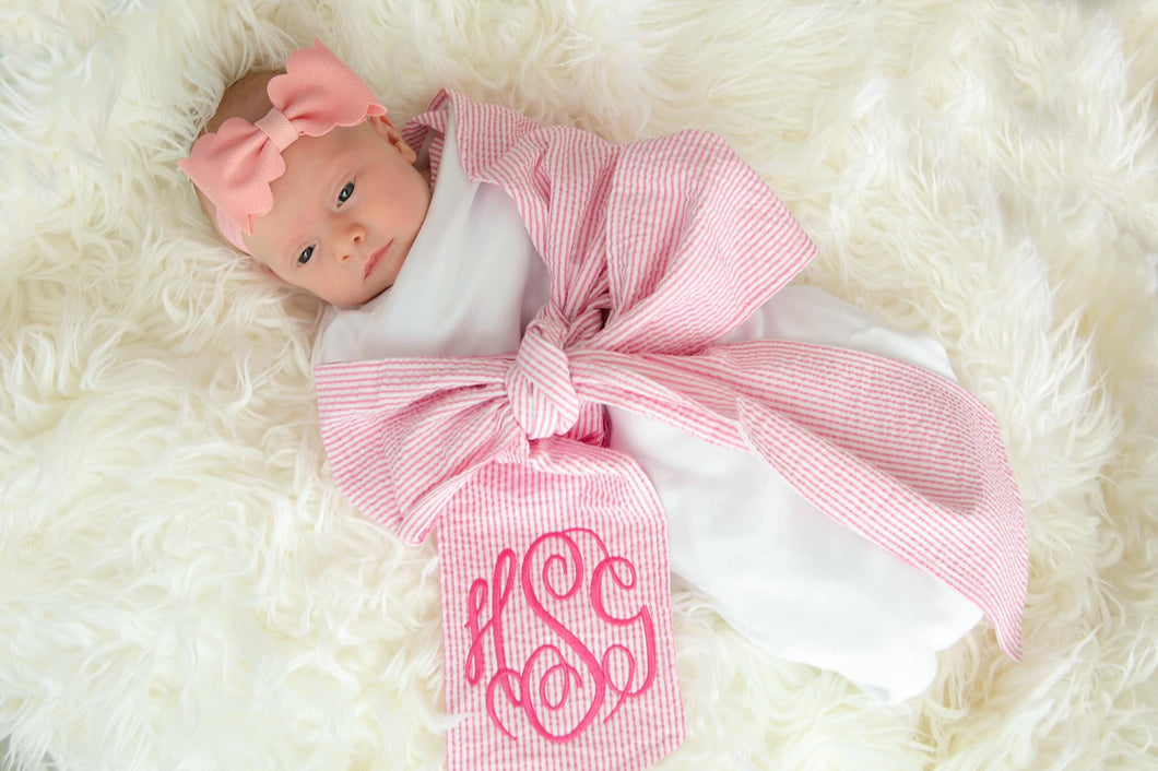 Monogrammed Newborn Seersucker Bow Sash Blanket