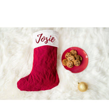 Load image into Gallery viewer, Personalized Red Velvet Christmas Stocking | Red Stocking with Name | Monogrammed Velvet Christmas Stocking
